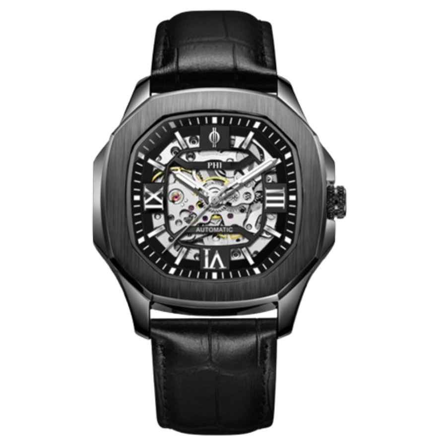 PHI Onyx, eight-sided black case with a skeleton dial on a black leather strap
