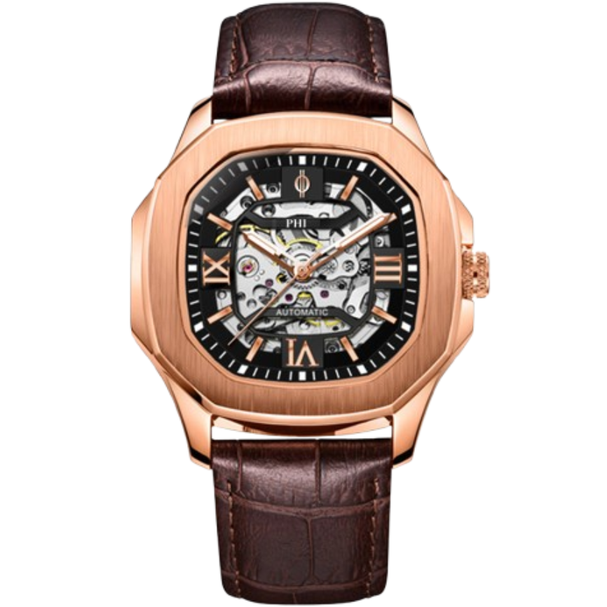 PHI Ember, eight-sided rose gold case with a skeleton dial on a brown leather strap
