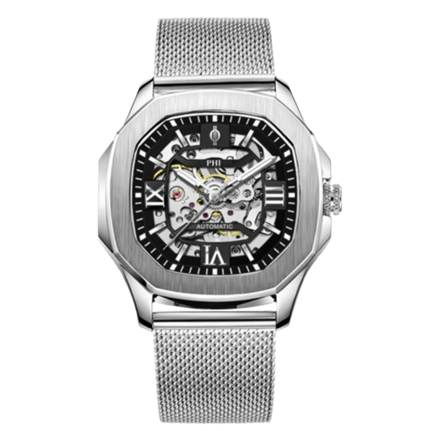 PHI Meridiem, eight-sided stainless steel case with a skeleton dial on a Milanese mesh bracelet